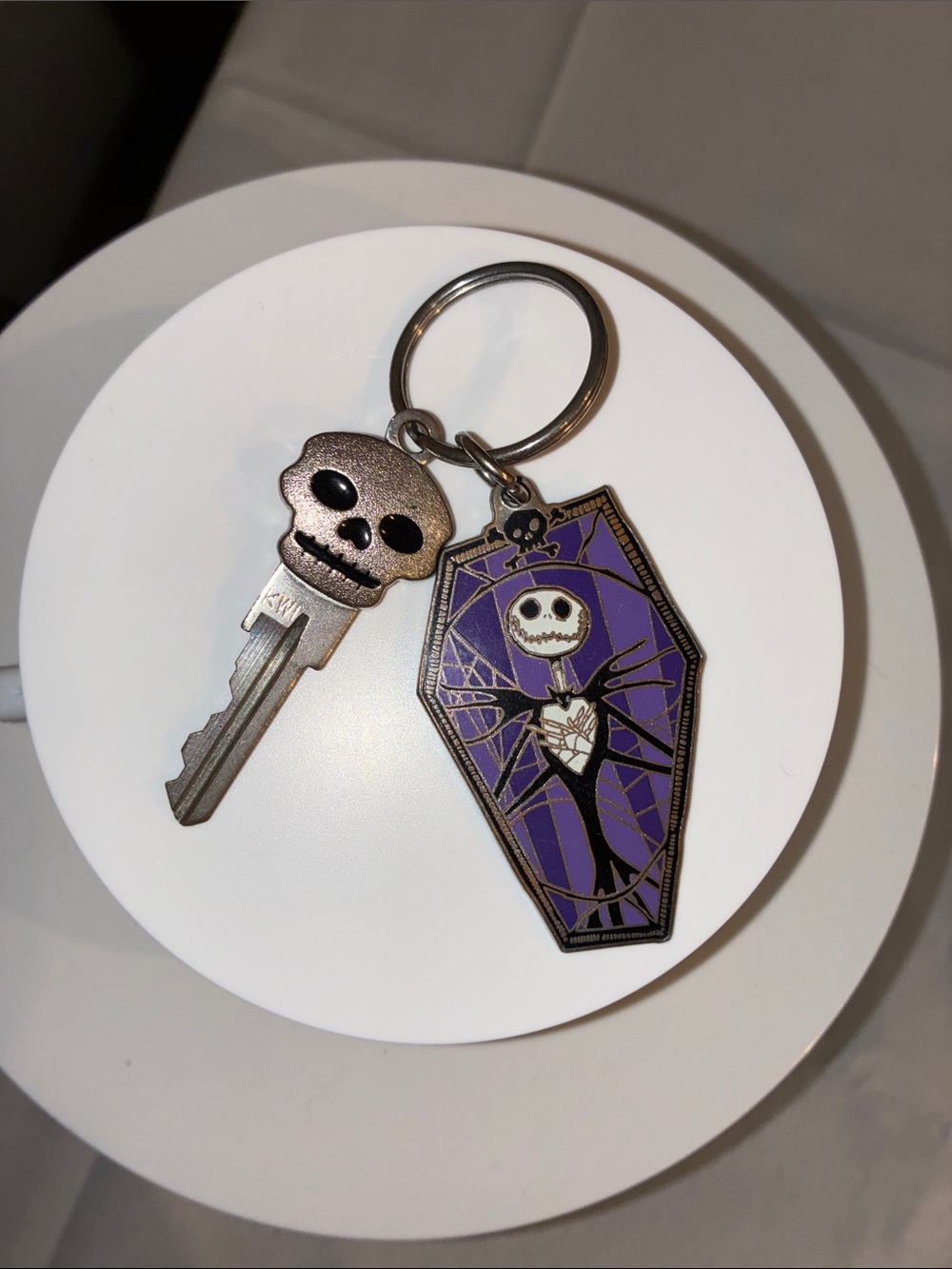 Nightmare Before Christmas Coffin Enamel Keychain with Skull Key Accent - Purple